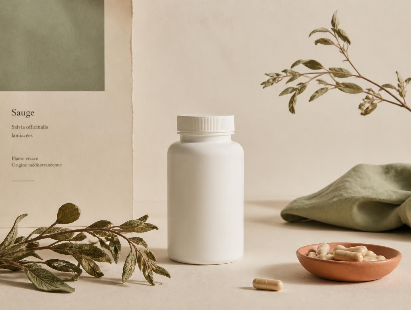 Flacon de complément probiotique posé sur un fond ivoire avec des branches de sauge séchée